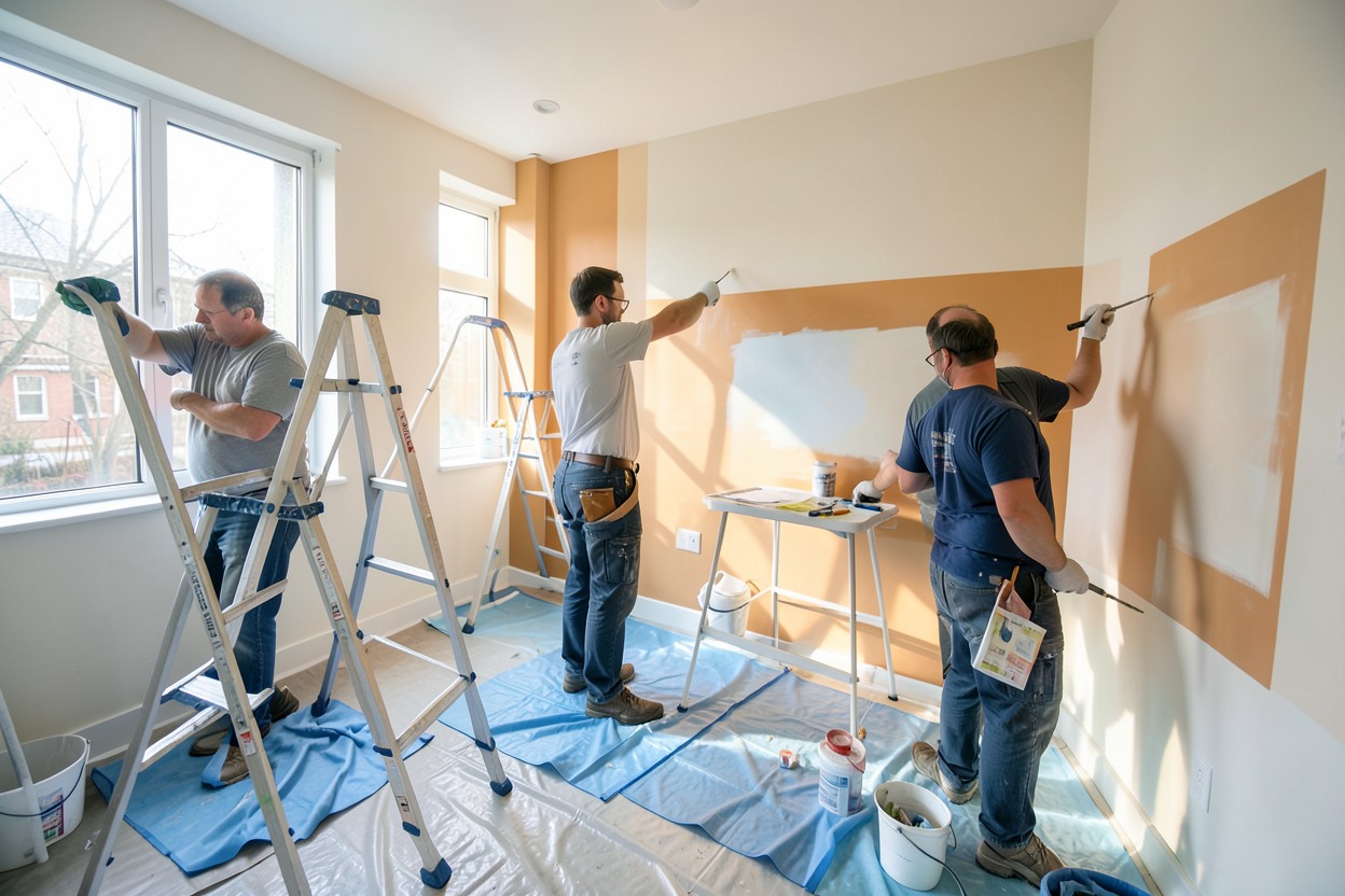 Equipo de pintores trabajando en un espacio comercial