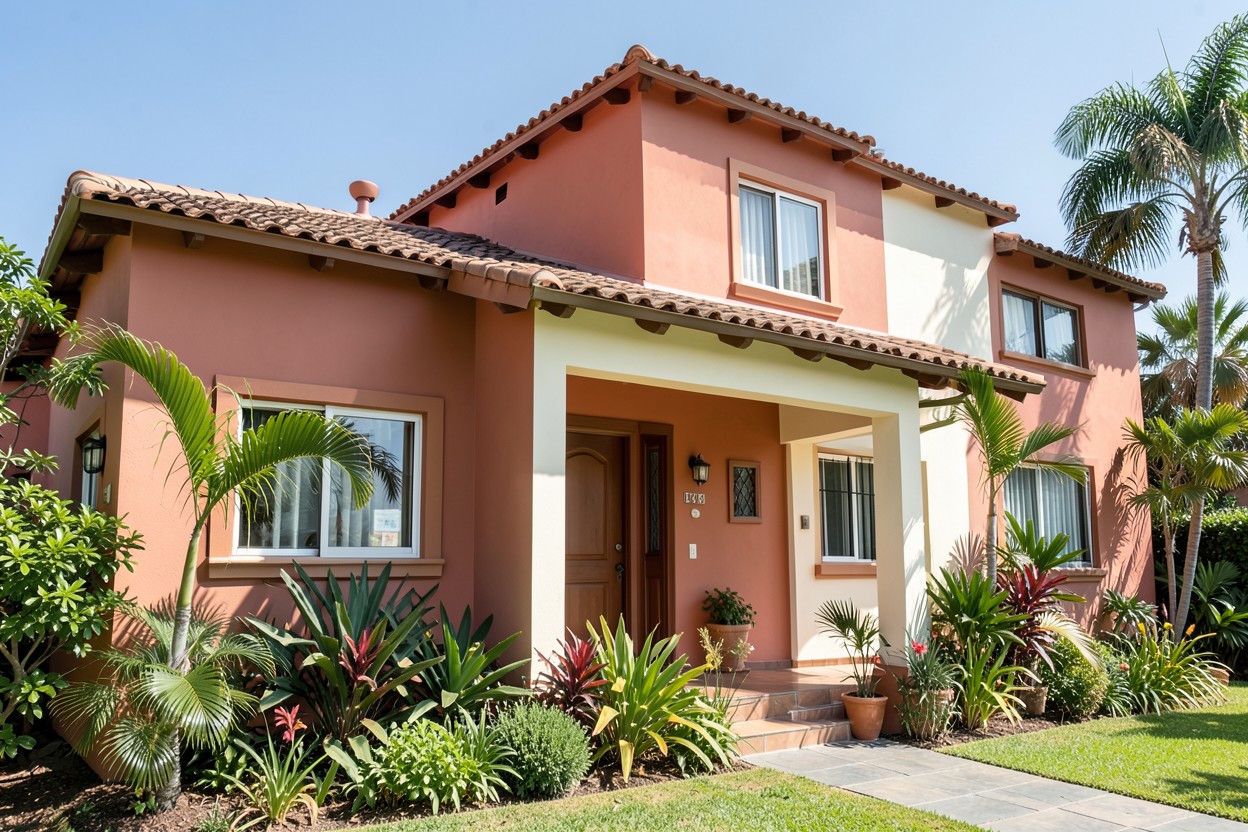 Fachada de casa recién pintada en tonos coral y crema