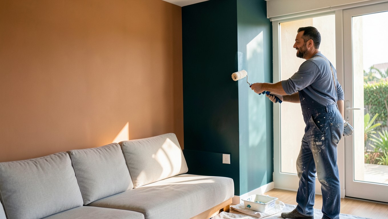 Pintor profesional renovando una pared interior