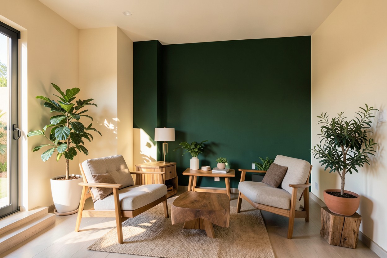 Sala renovada con pared verde y tonos cálidos